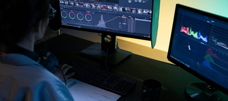 A person sat at a desk in Padiham editing a podcast.