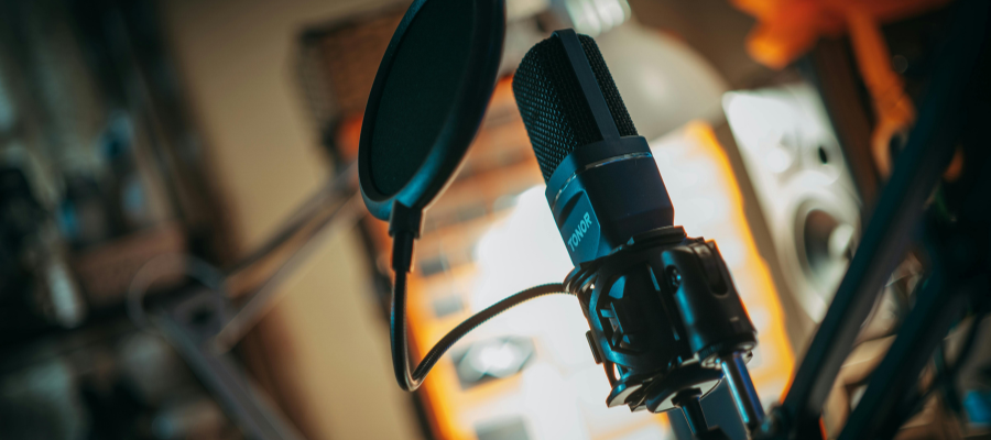 A microphone with a pop filter on a mic arm.